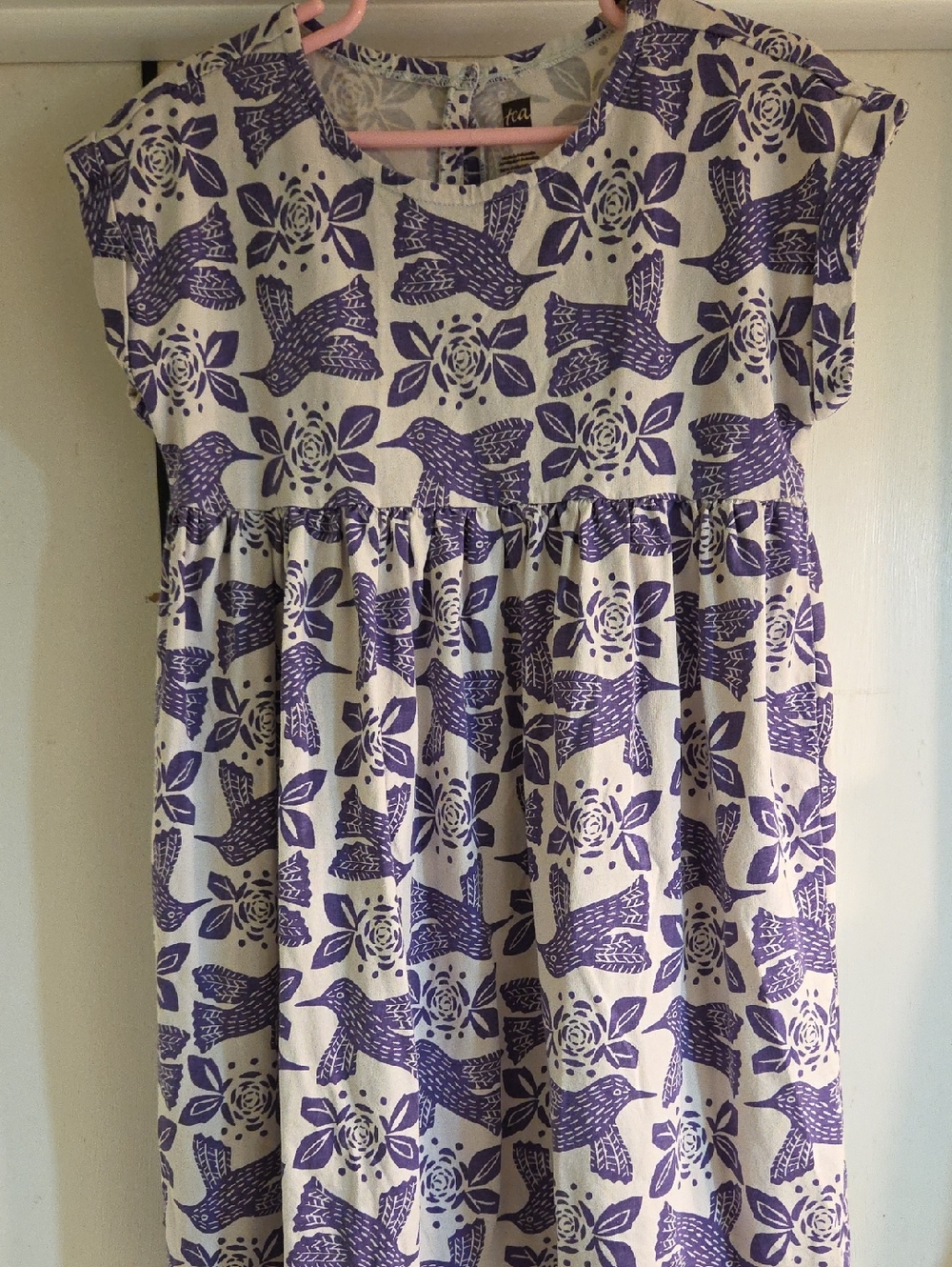 Tea Collection Cream Dress with Purple Floral & Bird Print